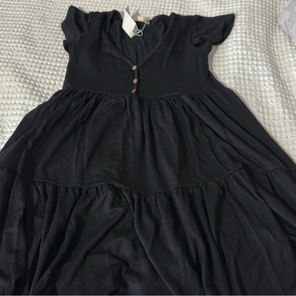 Black Tiered Dress with Button Detail